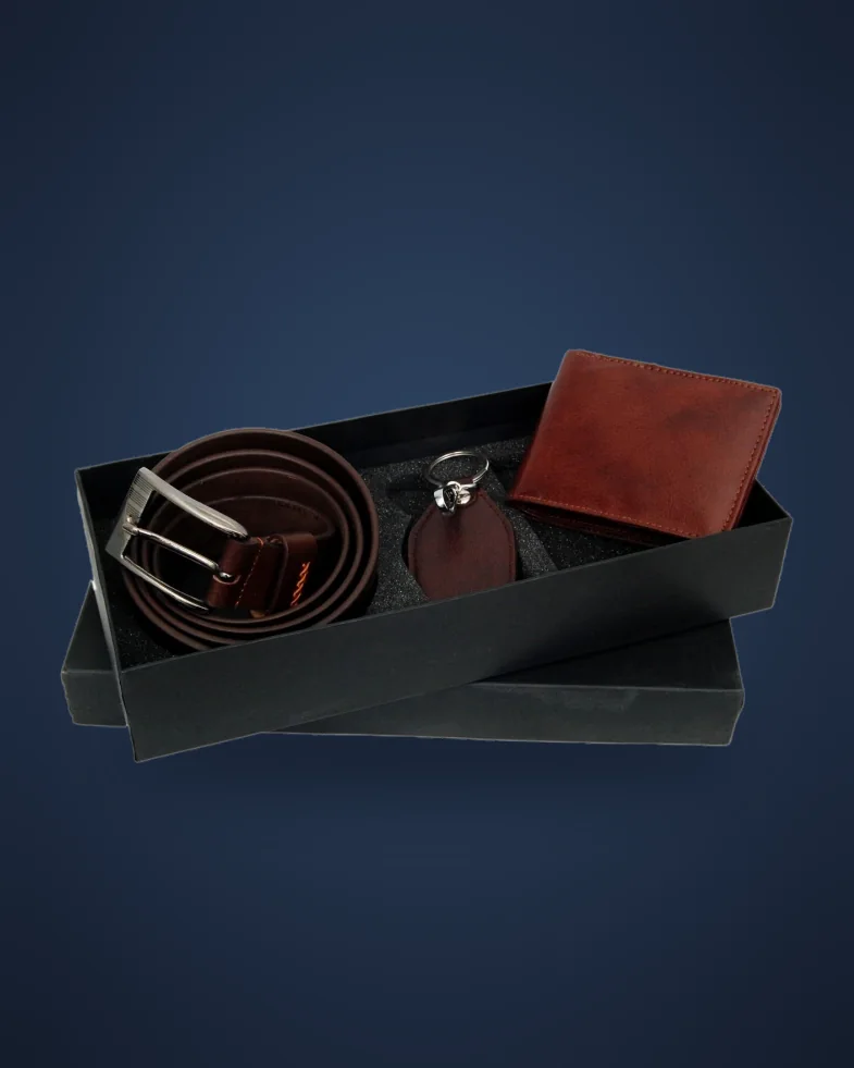 Leather belt, wallet and keychain in a gift box
