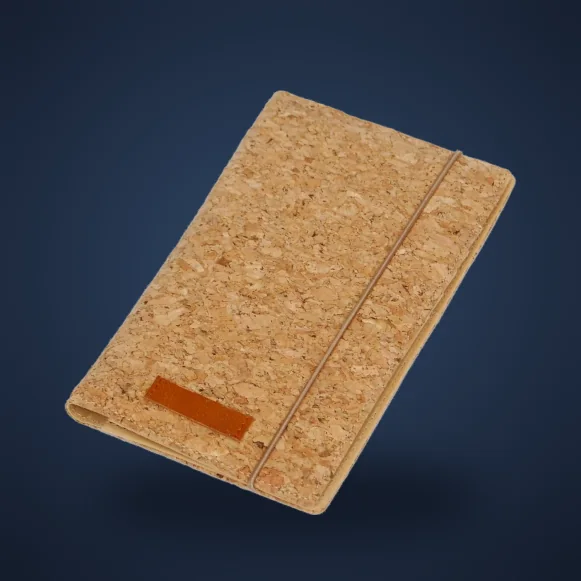 Cork document folder with elastic closure and leather tab