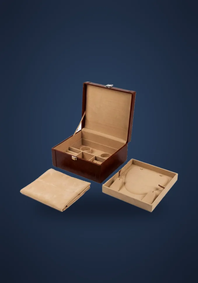 Wooden jewellery box with suede trays