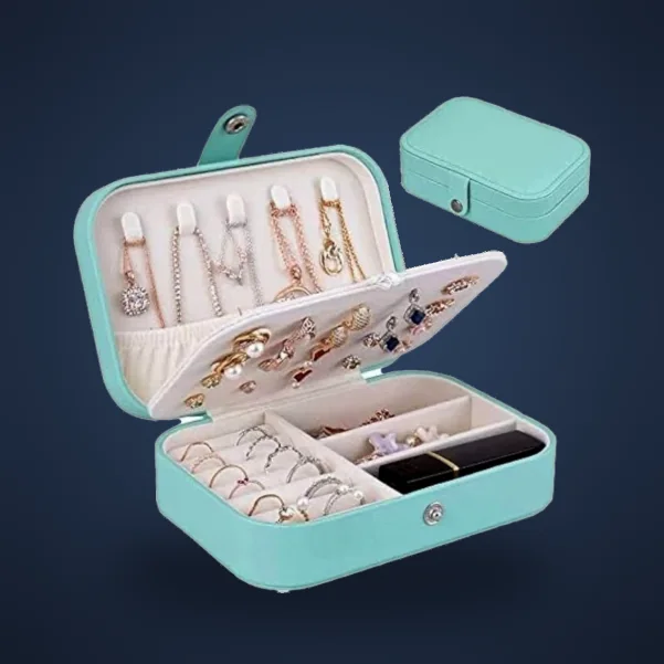 Open teal zippered jewellery box with rings and necklaces, beside a mini jewellery box